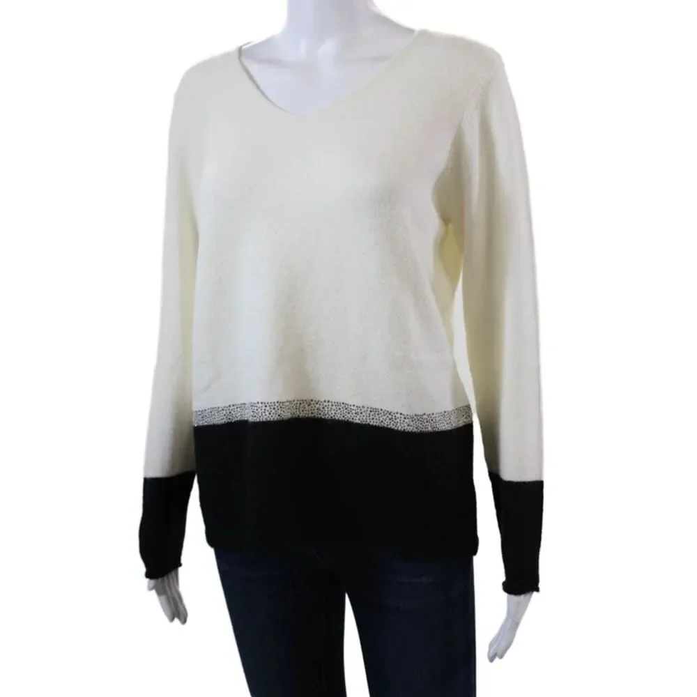 Renuar Womens Colorblock V-Neck Rhinestone Detailed Sweater White Size S